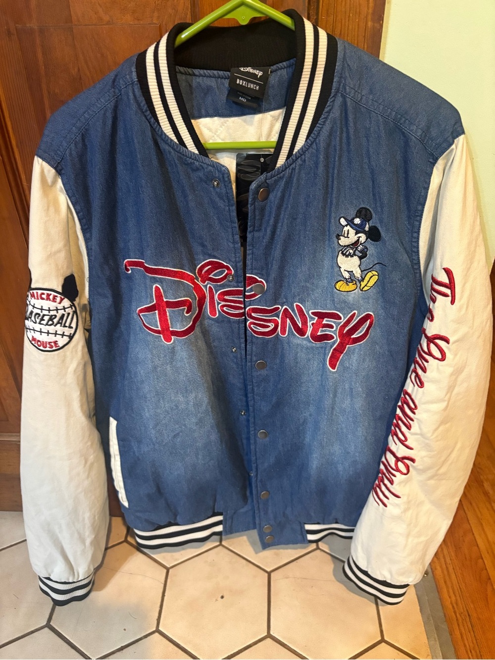 Disney Blue Denim Jacket with White Sleeves & Red Logo